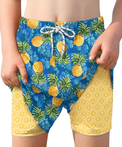 BesserBay Jungen Schnelltrocknend UPF 50+ Boardshorts mit Kompression Innenhose Swim Shorts Blau Geblümt Ananas 150 von BesserBay