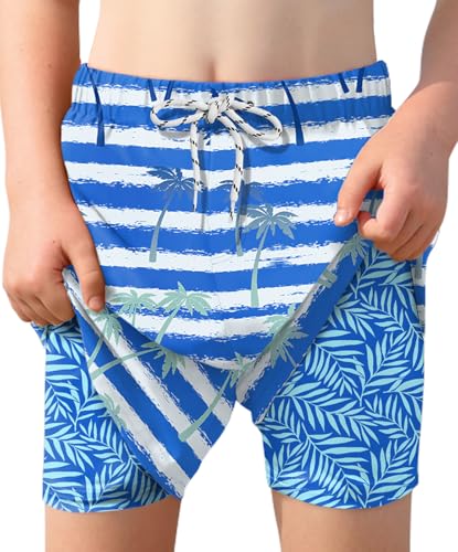 BesserBay Jungen Schnelltrocknend UPF 50+ Boardshorts mit Kompression Innenhose Swim Shorts Blau Gestreift Palme 150 von BesserBay