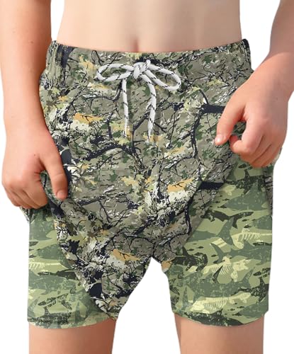 BesserBay Jungen UPF 50+ Badehosen Strand mit Kompression Innenhose Taschen Druck Surf Shorts Braune Bäume 160 von BesserBay