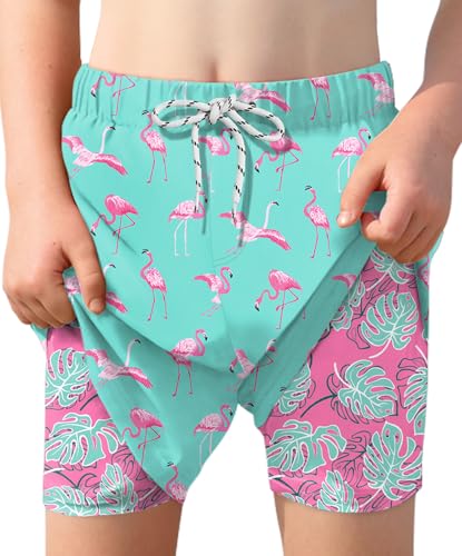 BesserBay Jungen UPF 50+ Badehosen mit Kompression Innenhose Taschen Schwimmshorts Türkis Rosa Flamingo 120 von BesserBay