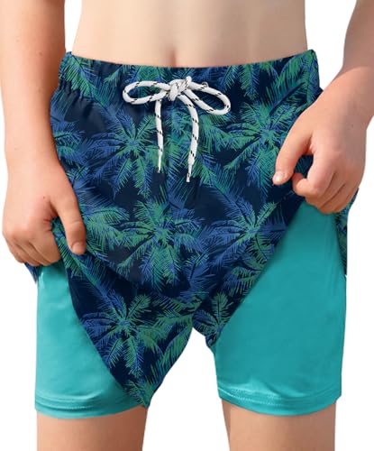 BesserBay Jungen Verstellbare Tunnelzug Badehosen mit Kompression Innenhose Surf Shorts Blau Grün Tropischer Baum 120 von BesserBay
