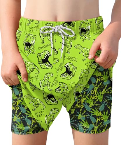 BesserBay Jungen Verstellbare Tunnelzug Badehosen mit Kompression Innenhose Taschen Surf Shorts Grün Dinosaurier 140 von BesserBay