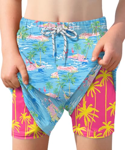 BesserBay Jungen Verstellbare Tunnelzug Taschen Boardshorts mit Kompression Innenhose Surf Shorts Blau Flamingoinsel 150 von BesserBay