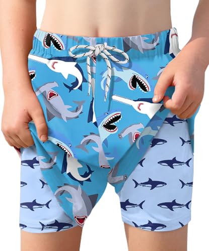 BesserBay Jungen Verstellbare Tunnelzug UPF 50+ Boardshorts mit Kompression Innenhose Taschen Swim Shorts Blau Hai 120 von BesserBay