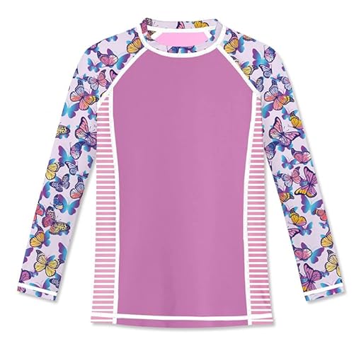 BesserBay Mädchen Kinder Badeshirt UV Shirt Langarm Rundhalsausschnitt Lila UPF 50+ Sonnenschutz Rash Guard 130 von BesserBay