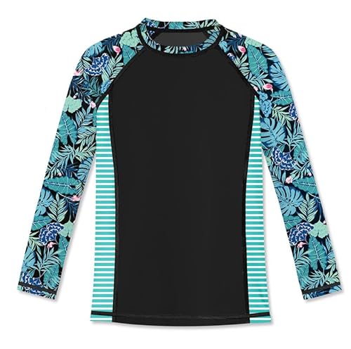 BesserBay Mädchen Schwimmshirt Badebekleidung UV Shirt Rundhals Sonnenschutz Schwarz Blau Langarm Rash Guard 130 von BesserBay