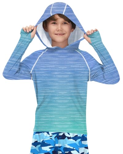 BesserBay Kinder Blau Grün UV Shirt Schwimmshirt Bademode Jungen Kapuzen mit UV-Shutz UPF 50+ Rashguard 130 von BesserBay