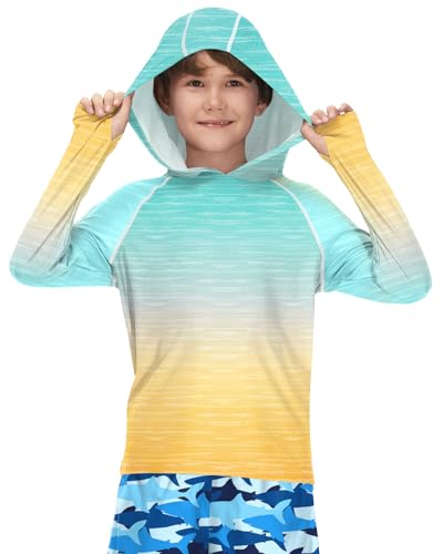 BesserBay Kinder UV Shirt Langarm Blau Gelb Kapuzen mit UV-Shutz UPF 50+ Schwimmshirt Bademode Rashguard 150 von BesserBay