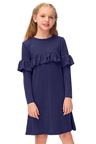 BesserBay Kinderkleid Langarm Prinzessin Kleid Mädchen Baumwolle Kleid Rundhals Ruffle Kleid Mädchen mit Ruffle Langarm/Navy Blau 130 von BesserBay