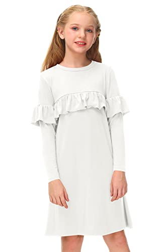 BesserBay Schulkleidung Herbst Rundhals Prinzessin Kleid Mädchen Baumwolle Kleid Ruffle Kleid Mädchen mit Ruffle Langarm/Weiß 130 von BesserBay