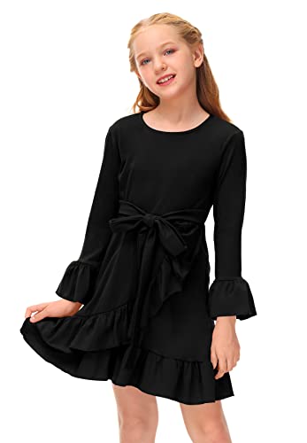 BesserBay Kinder Einfarbig A-Linie Langarm Midikleid Schleife mit Ruffle Mädchen Basic Kleid Rundhals Freizeit Kleid für Herbst Schwarz 110 von BesserBay