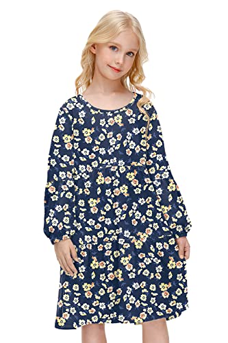 BesserBay Kinder Einfarbig Kleid A-Linie Freizeit Kleid T-Shirt Kleid Langarm Freizeitkleid Frühling Winter Rundhals mit Falten Blau 140 von BesserBay