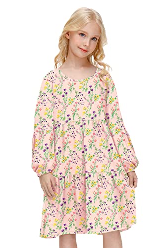 BesserBay Kinder Einfarbig Kleid A-Linie Freizeit Kleid T-Shirt Kleid Langarm Freizeitkleid Frühling Winter Rundhals mit Falten Rosa 140 von BesserBay