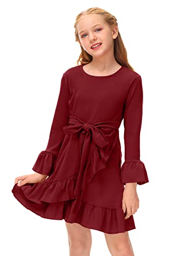 BesserBay Kinder Einfarbig Langarm Midikleid Schleife Mädchen Basic Kleid A-Linie Rundhals Freizeit Kleid mit Ruffle für Herbst Rot 110 von BesserBay