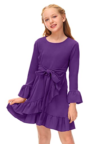 BesserBay Kinder Einfarbig Langarm Midikleid Schleife Mädchen Basic Kleid A-Linie Rundhals Freizeit Kleid mit Ruffle für Herbst Violett 110 von BesserBay