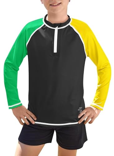 BesserBay UV Shirt Kinder Jungen Badeanzug UPF 50+ Langarm 1/4 Zip Rash Guard Schwimmshirt Badeshirt Grün Gelb 120 von BesserBay