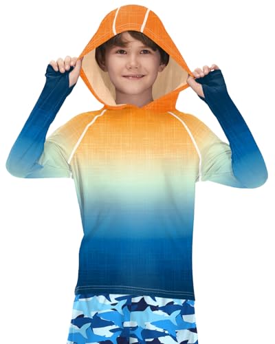 BesserBay Kinder Jungen Orange Blau UV Shirt Bademode Schwimmshirt Kapuzen mit UV-Shutz UPF 50+ Rashguard 130 von BesserBay