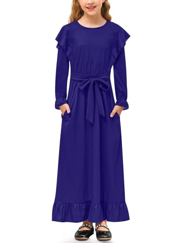 Mädchen Herbst Kleid A-Linie Ruffle Langarm Freizeitkleid mit Gürtel und Taschen Blau 130 von BesserBay