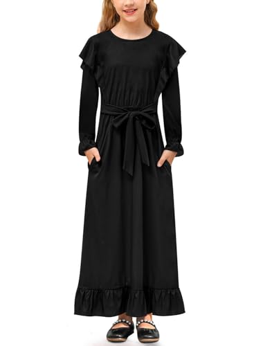 Mädchen Lässig Kleid mit Gürtel und Taschen Ruffle Langarm A-Linie Maxikleid Schwarz 130 von BesserBay