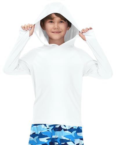BesserBay Kinder Langarm Weiß UV Shirt Bademode Schwimmshirt Kapuzen mit UV-Shutz UPF 50+ Rashguard 130 von BesserBay