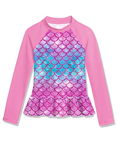 BesserBay Mädchen Schwimmshirt Badebekleidung UV Shirt Rüschensaum Sonnenschutz Violett Langarm Rash Guard 130 von BesserBay