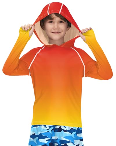 BesserBay Kinder Orange Gelb Langarm UV Shirt Schwimmshirt Bademode Kapuzen mit UV-Shutz UPF 50+ Rashguard 130 von BesserBay