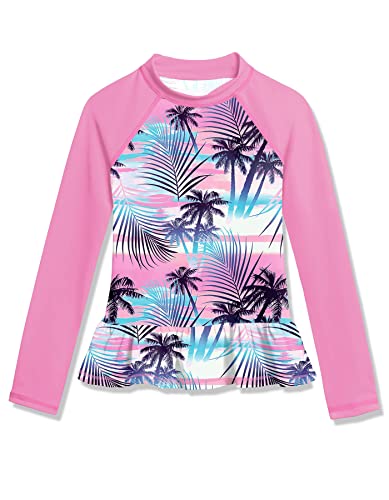 BesserBay Mädchen Badeanzug Druck UV Shirt UPF 50+ Sonnenschutz Rüschensaum Rosa Langarm Rash Guard 140 von BesserBay