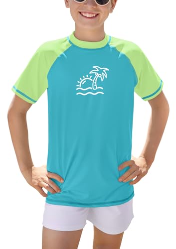 BesserBay Kinder Rundhals UPF 50+ Badeshirt UV Shirt Blau Grün Swimsuit Kurzarm Bademode Rashguard 140 von BesserBay