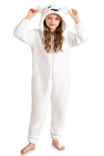 BesserBay Kinder Schlafoverall Mädchen Jungen Overall Warm Fleece Hausanzug Jumpsuit Bär Weiß 3-4 Jahre von BesserBay