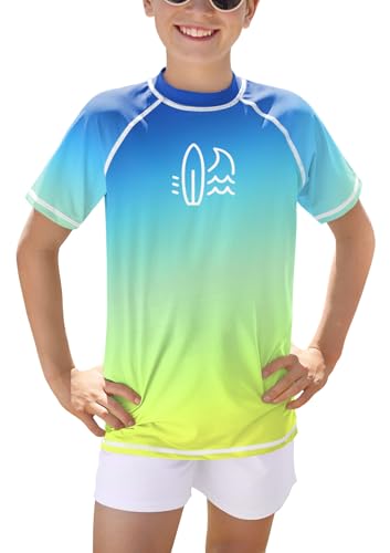 BesserBay Kinder UPF 50+ Rundhals Badeshirt Schwimmshirt Bademode Blau Gelb Shirt mit UV-Shutz Rashguard 140 von BesserBay