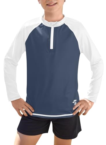 BesserBay Kinder UV Shirt Kinder Jungen Langarm 1/4 Zip Rashguard Sonnenschutz UPF 50+ Jungen Weiß Blau 120 von BesserBay