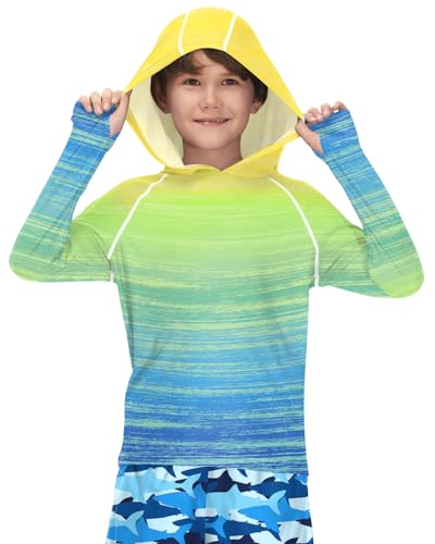 BesserBay Kinder UV Shirt Langarm Kapuzen mit UV-Shutz UPF 50+ Gelb Grün Blau Schwimmshirt Bademode Rashguard 120 von BesserBay