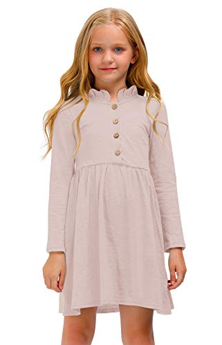 BesserBay Kinder Vintage Einfarbig Jerseykleid Long Sleeve mit Geknöpfte Elegant Schulkleid for Spring Rosa 140 von BesserBay