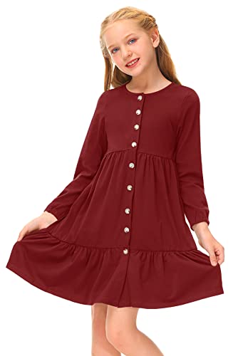 BesserBay Kinderkleider Mädchen mit Tasche Rundhals Kleider Für Mädchen Baumwolle Musselin Kleid Schulkleidung Herbst Kleider Mädchen Burgundy 130 von BesserBay