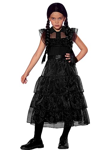 BesserBay Mädchen A-Linie Kleid Langarm Horror Peter Pan Kragen Schwarz Midikleid 130 von BesserBay