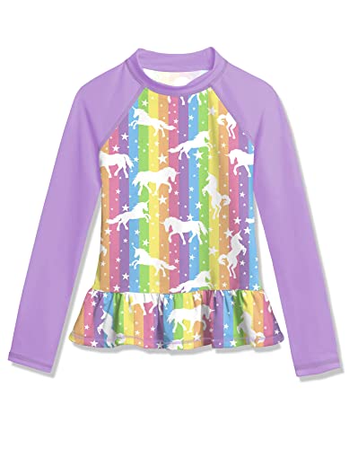 BesserBay Mädchen Badeanzug Druck UV Shirt Langarm Rüschensaum Lila UPF 50+ Sonnenschutz Rash Guard 120 von BesserBay