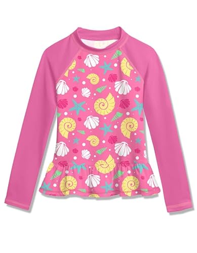 BesserBay Mädchen Badeanzug Druck UV Shirt UPF 50+ Sonnenschutz Rüschensaum Rosa Langarm Rash Guard 150 von BesserBay