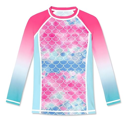 BesserBay Mädchen Badeanzug Druck UV Shirt UPF 50+ Sonnenschutz Rundhals Rosa Blau Langarm Rash Guard 150 von BesserBay