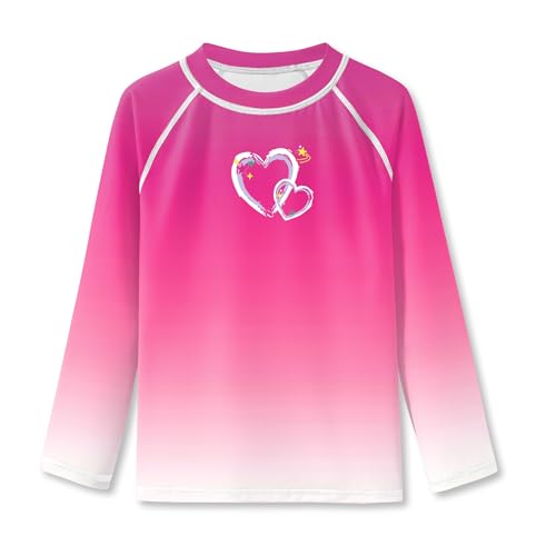 BesserBay Mädchen Badeanzug Druck UV Shirt UPF 50+ Sonnenschutz Rundhals Rosa Weiß Langarm Rash Guard 150 von BesserBay