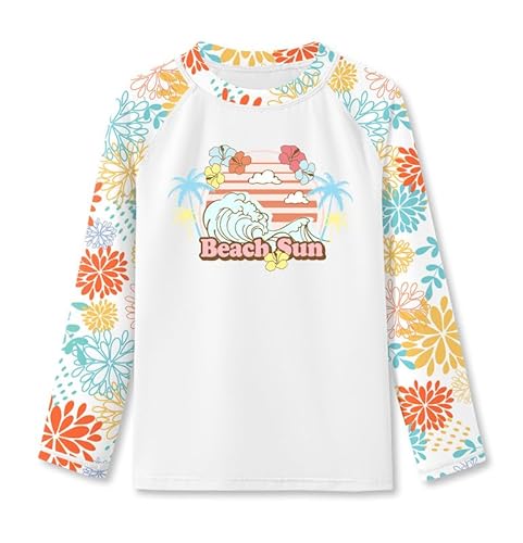 BesserBay Mädchen Badeanzug Druck UV Shirt UPF 50+ Sonnenschutz Rundhals Weiß Langarm Rash Guard 130 von BesserBay