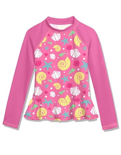BesserBay Mädchen Badebekleidung Schwimmshirt UV Shirt Sonnenschutz Rüschensaum Rosa Langarm Rash Guard 140 von BesserBay