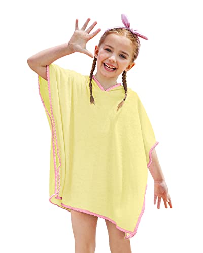 BesserBay Mädchen Badeponcho Kinder Bademantel Handtuch Schwimm Poncho Coverup mit Kapuzen Gelb Rosa 130 von BesserBay