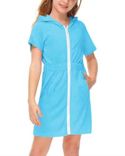 BesserBay Mädchen Badeponcho Kinder Unisex Badeponcho Zip Taschen Elastischer Bund mit Kapuze Surf Poncho Blau 120 von BesserBay