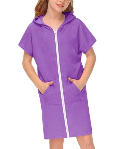 BesserBay Mädchen Badeponcho Kinder Unisex Badeponcho mit Kapuze Seitentaschen Lila Reißverschluss Surf Poncho 120 von BesserBay