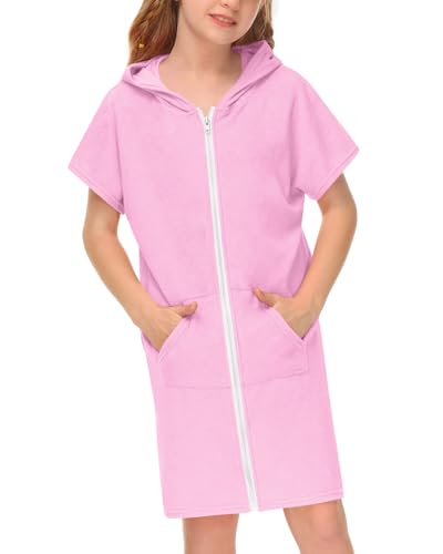 BesserBay Mädchen Badeponcho Kinder Unisex Badeponcho mit Kapuze Taschen Reißverschluss Surf Poncho Hellrosa 160 von BesserBay