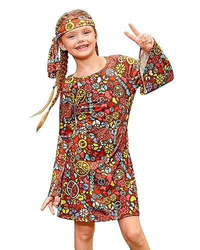 BesserBay Mädchen Disko Diva 1970er Jahre Hippie Midikleid mit Stirnband Braun 150 von BesserBay