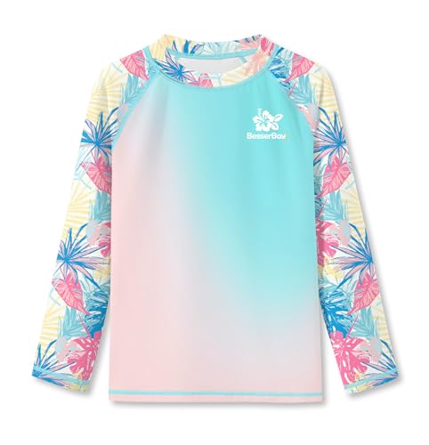 BesserBay Mädchen Druck Badeanzug UV Shirt Langarm UPF 50+ Sonnenschutz Rundhals Rash Guard Rosa Blau 140 von BesserBay