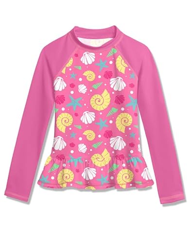 BesserBay Mädchen Druck Badeanzug UV Shirt Rüschensaum UPF 50+ Sonnenschutz Rosa Langarm Rash Guard 110 von BesserBay