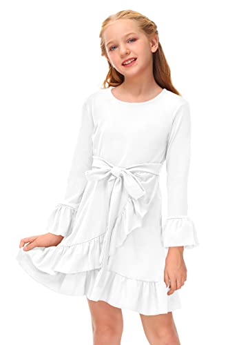 BesserBay Kinder Einfarbig Langarm Midikleid Schleife Mädchen Basic Kleid A-Linie Rundhals Freizeit Kleid mit Ruffle für Herbst Weiß 110 von BesserBay