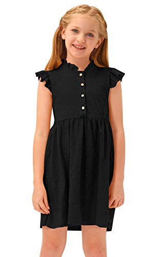 BesserBay Mädchen Einfarbiges Freizeitkleid Ärmellos Kinderkleid mit Rüschenarm Zierknopf Schwarz 110 von BesserBay